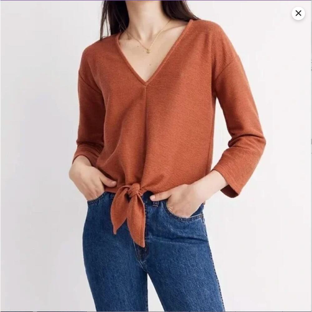Madewell Texture & Thread Tie Front Top M Rust Ribbed Cotton V Neck